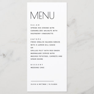 Moderne minimalistische Hochzeit. Einfache saubere Menükarte