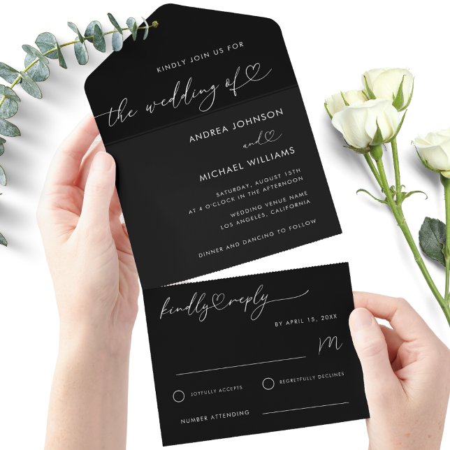 Moderne Minimalistische Hochzeit mit schwarzem Chi All In One Einladung (Von Creator hochgeladen)