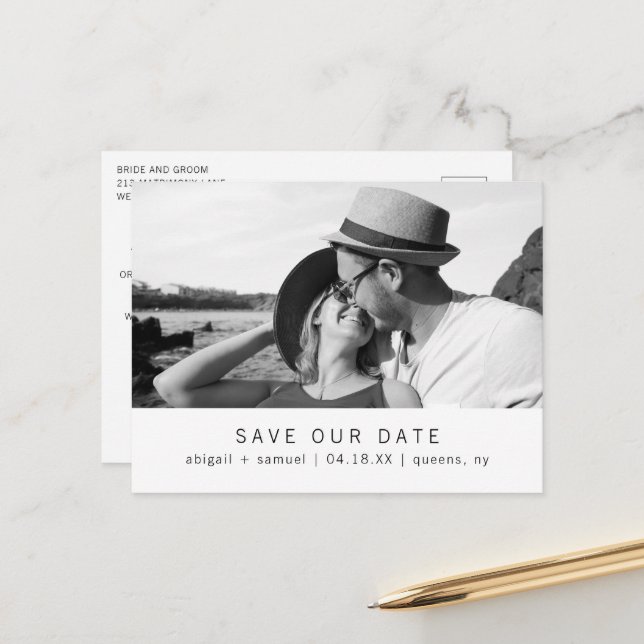 Moderne Minimalistische Hochzeit rettet das Datum Ankündigungspostkarte (Vorderseite/Rückseite Beispiel)