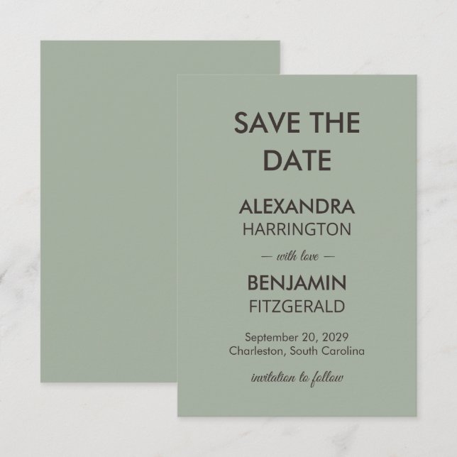 Moderne Minimalistische Hochzeit | Salbeigrün Zeit Save The Date (Vorne/Hinten)