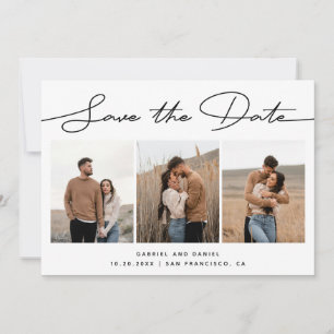 Moderne minimalistische Hochzeit Skript Drei Fot Save The Date