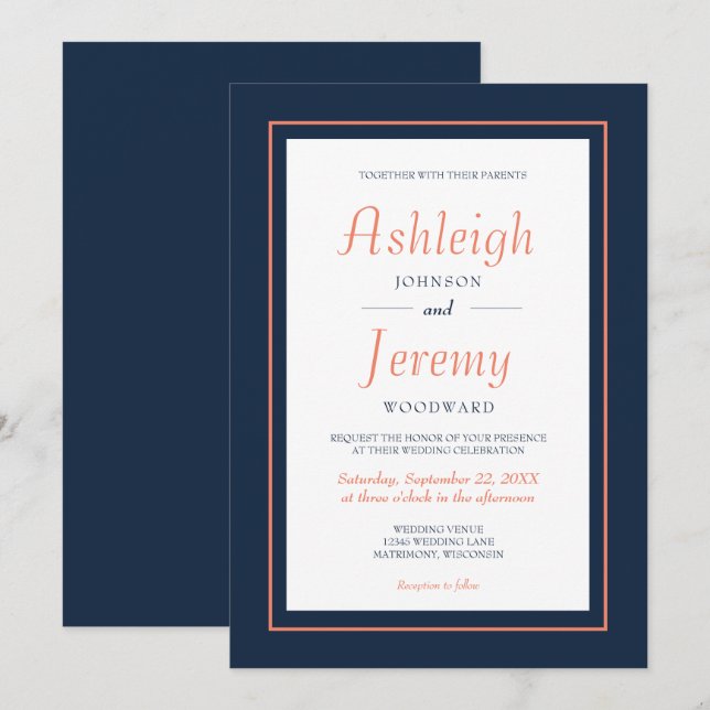 Moderne Minimalistische Hochzeit von Navy Blue und Einladung (Vorne/Hinten)