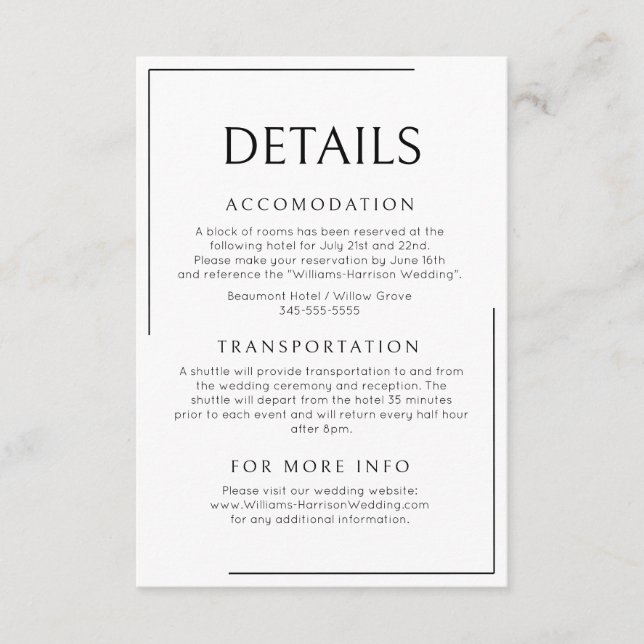 Moderne Minimalistische Hochzeitdetails Begleitkarte (Vorderseite)