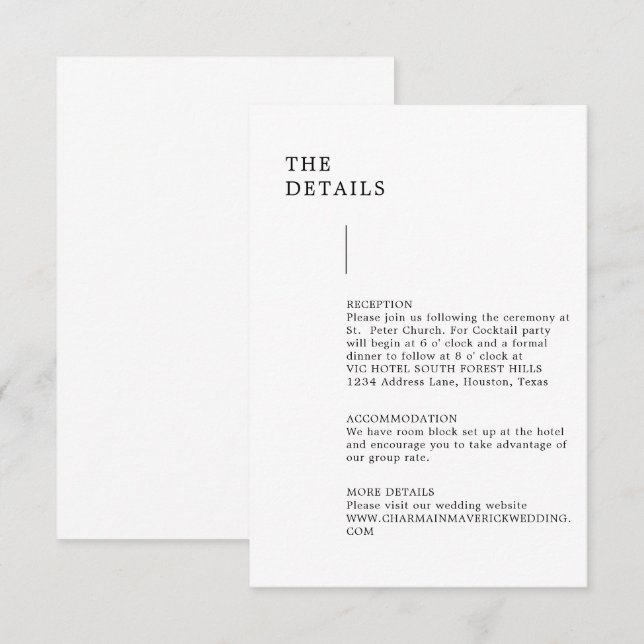 Moderne Minimalistische Hochzeitdetails Begleitkarte (Vorne/Hinten)