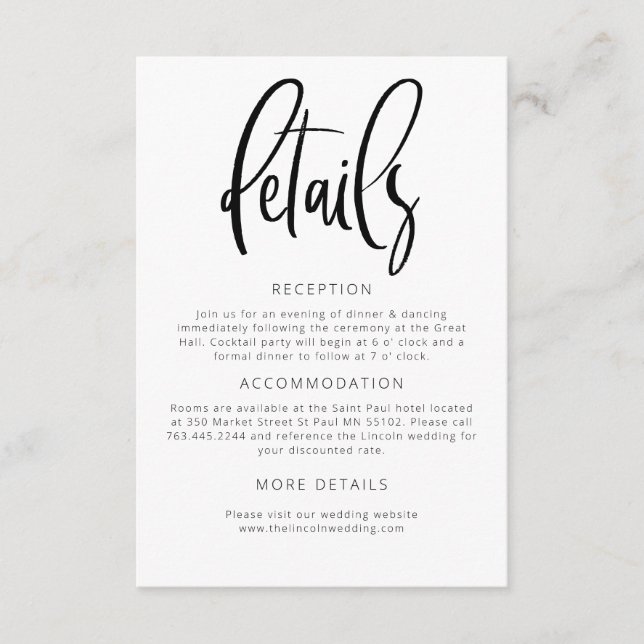 Moderne Minimalistische Hochzeitdetails Begleitkarte (Vorderseite)
