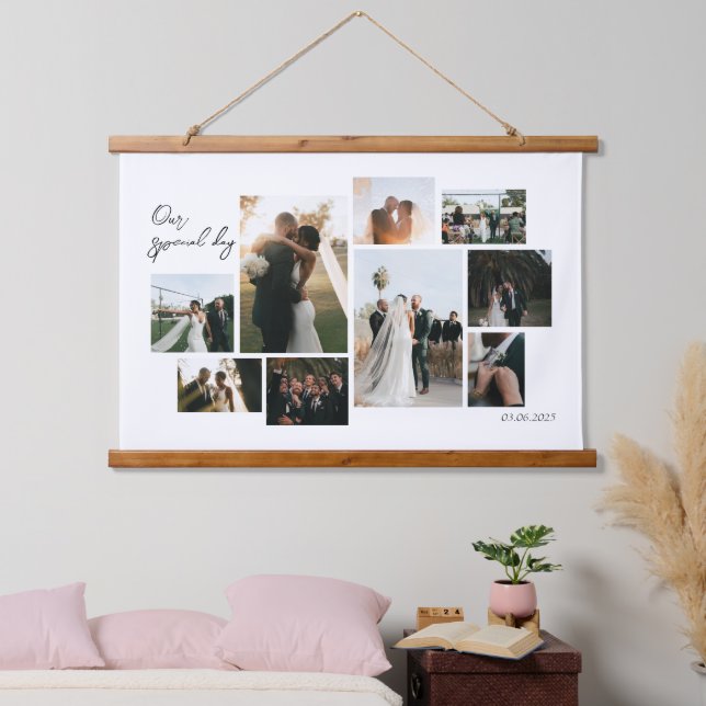 Moderne minimalistische Hochzeitscollage 9 Fotos Wandteppich Mit Holzrahmen (Schlafzimmer)