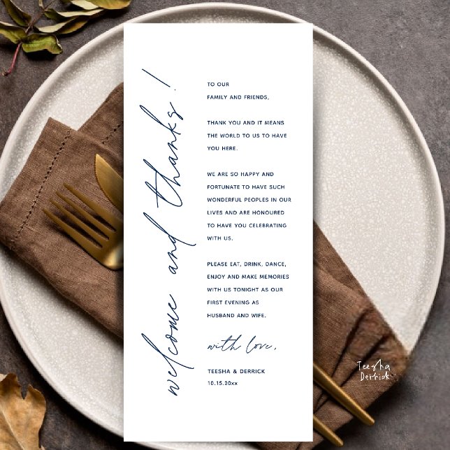 Moderne Minimalistische Hochzeitsempfangs-Dankeska Programm (Modern Minimalist Wedding Reception Dinner Thank You Card in navy Blue)