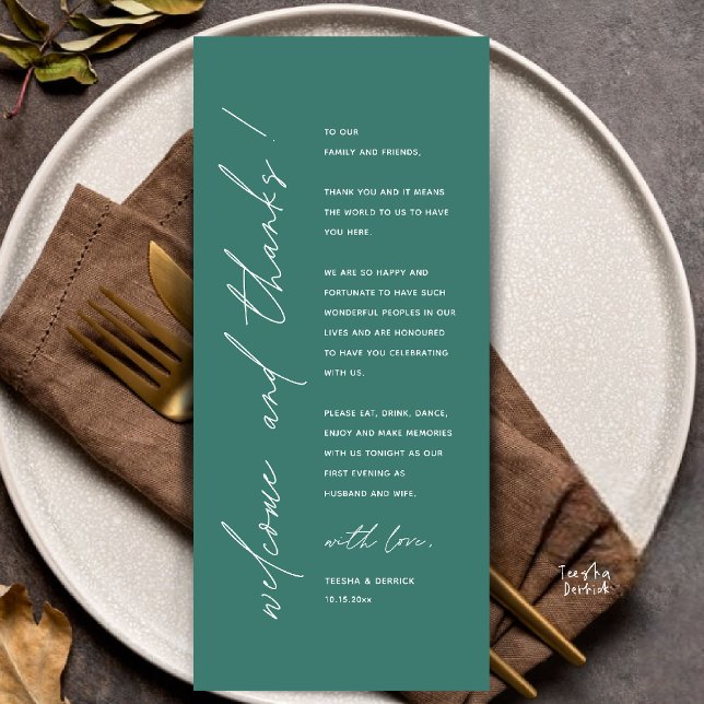 Moderne Minimalistische Hochzeitsempfangs-Dankeska Programm (Modern Minimalist Wedding Reception Dinner Thank You Card in teal green)