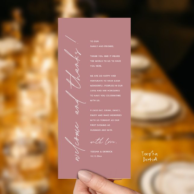 Moderne Minimalistische Hochzeitsempfangs-Dankeska Programm (Modern Minimalist Wedding Reception Dinner Thank You Card in dusty rose pink)
