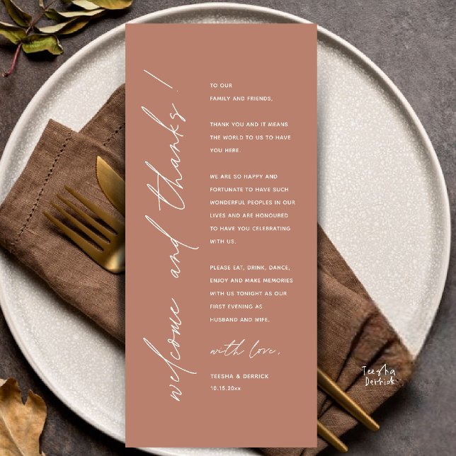 Moderne Minimalistische Hochzeitsempfangs-Dankeska Programm (Modern Minimalist Wedding Reception Dinner Thank You Card in terracotta Brown earthy tone)