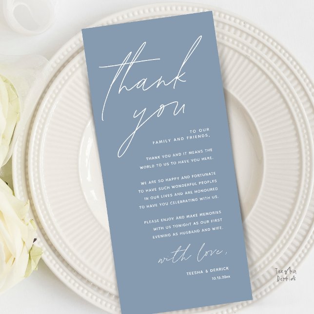 Moderne Minimalistische Hochzeitsempfangs-Dankeska Programm (Modern Minimal Wedding Reception Dinner Brunch Lunch Thank You Card in Dusty Blue)