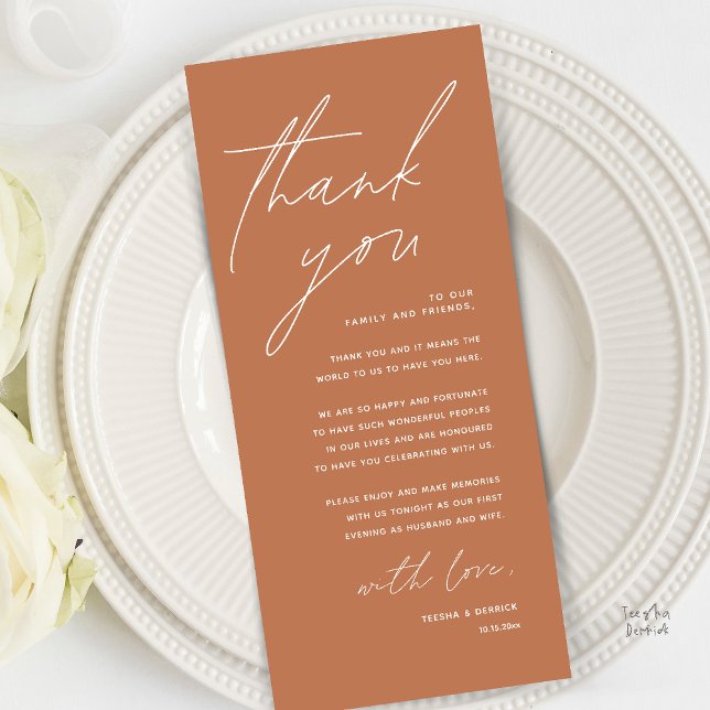 Moderne Minimalistische Hochzeitsempfangs-Dankeska Programm (Modern Minimal Wedding Reception Dinner Brunch Lunch Thank You Card in Copper Terracotta Brown)