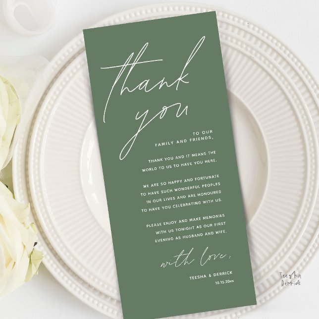 Moderne Minimalistische Hochzeitsempfangs-Dankeska Programm (Modern Minimal Wedding Reception Dinner Brunch Lunch Thank You Card in Sage Green)