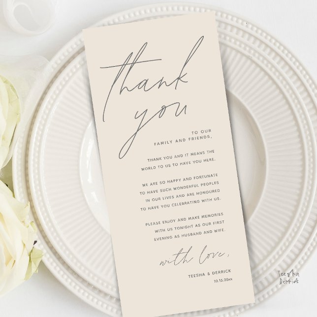 Moderne Minimalistische Hochzeitsempfangs-Dankeska Programm (Modern Minimal Wedding Reception Dinner Brunch Lunch Thank You Card in Cream Grey)