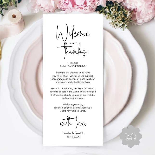 Moderne minimalistische Hochzeitsempfangs-Dankeska Programm (Modern Wedding Reception Dinner Brunch Lunch Celebration Thank You Card in Black and white)