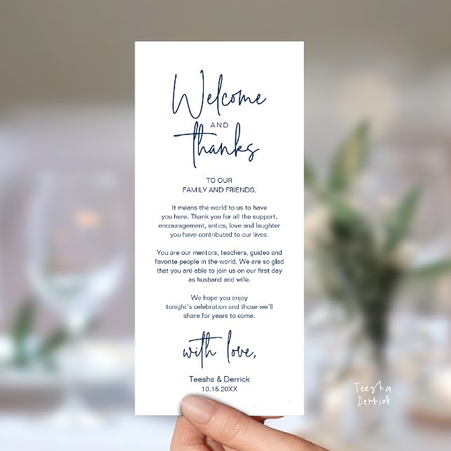 Moderne minimalistische Hochzeitsempfangs-Dankeska Programm (Modern Minimalist Wedding Reception Thank You Dinner Lunch Brunch Party Card in Navy Blue)