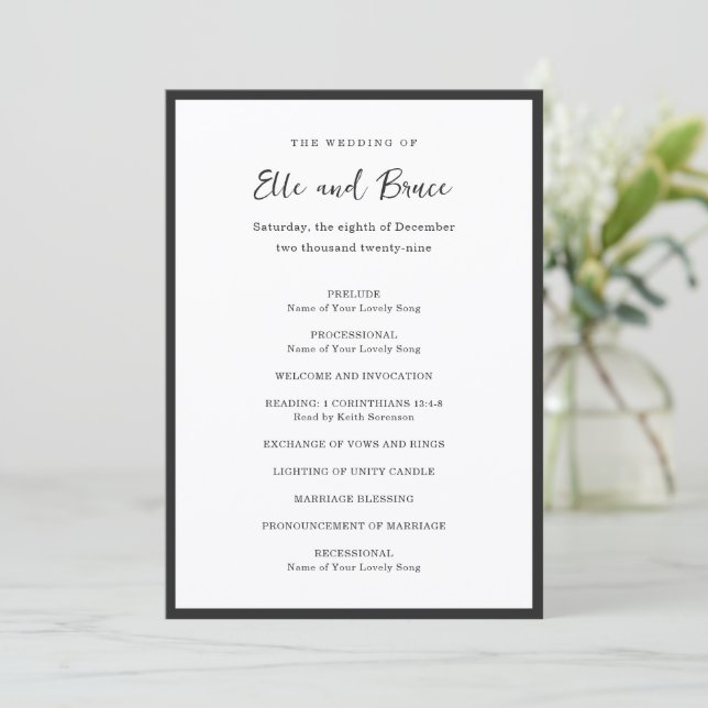 Moderne minimalistische Hochzeitstypografie Programm (Stehend Vorderseite)