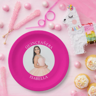 Moderne minimalistische Hot-Pink-Quinceañera-Foto Pappteller