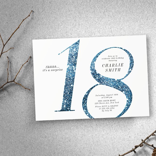 Moderne minimalistische Imitate Blau Glitzer 18. G Einladung (Modern minimalist faux blue glitter 18th birthday invitation)
