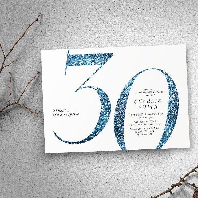 Moderne minimalistische Imitate Blau Glitzer 30. G Einladung (Modern minimalist faux blue glitter 30th birthday invitation)