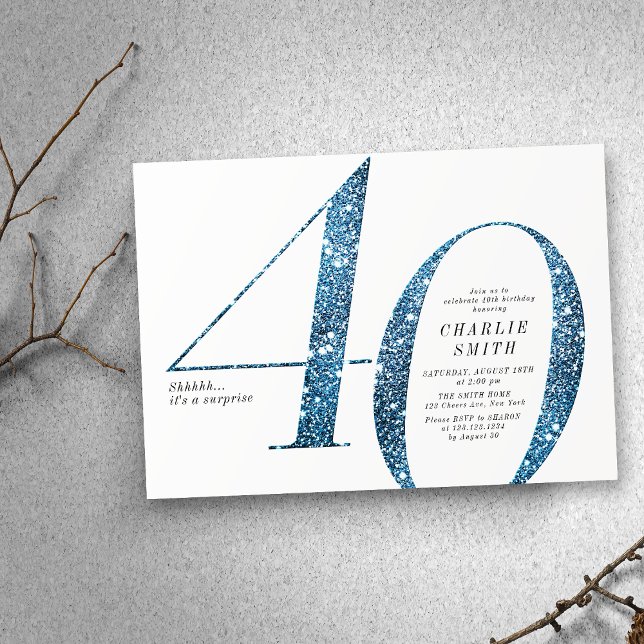 Moderne minimalistische Imitate Blau Glitzer 40. G Einladung (Modern minimalist faux blue glitter 40th birthday invitation)