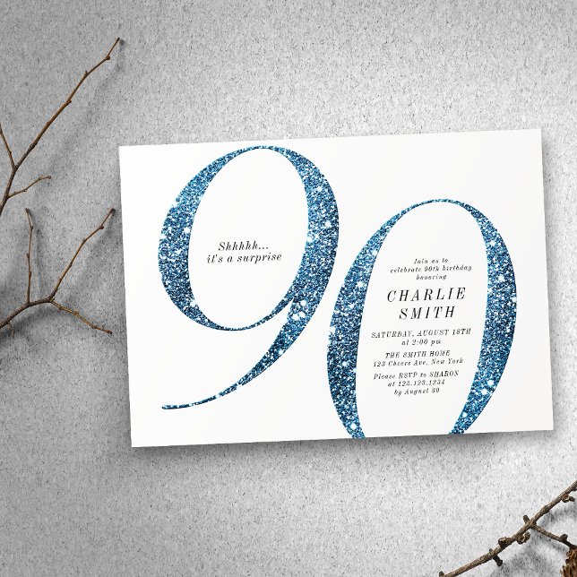Moderne minimalistische Imitate Blau Glitzer 90. G Einladung (Modern minimalist faux blue glitter 90th birthday invitation)