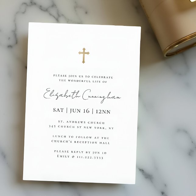 Moderne Minimalistische Imitate Gold-Cross-Gedenkf Einladung (Von Creator hochgeladen)
