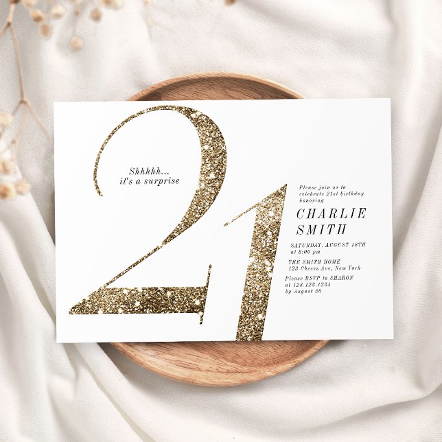 Moderne minimalistische Imitate Gold Glitzer 21. G Einladung (Modern minimalist faux gold glitter 21st birthday invitation)