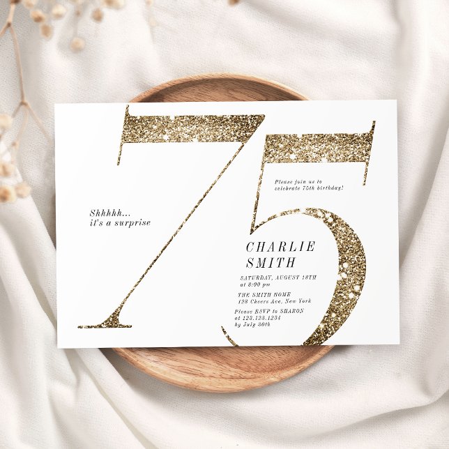 Moderne minimalistische Imitate Gold Glitzer 75. G Einladung (Modern minimalist faux gold glitter 75th birthday invitation)