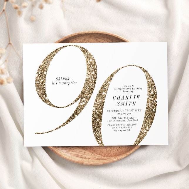 Moderne minimalistische Imitate Gold Glitzer 90. G Einladung (Modern minimalist faux gold glitter 90th birthday invitation)