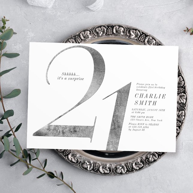 Moderne minimalistische Imitate Silber 21. Einladung (Modern minimalist faux silver 21st birthday invitation)