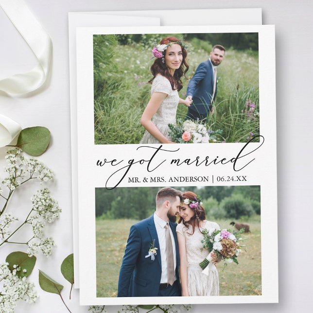 Moderne Minimalistische Kalligrafie 2 Foto Wedding Ankündigung (Customize to add text or more photos to back of card.)