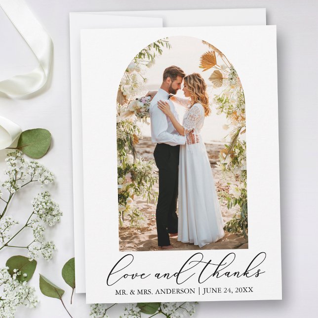 Moderne Minimalistische Kalligrafie Foto Arch Wedd Dankeskarte (Customize to add text or more photos to back of card.)
