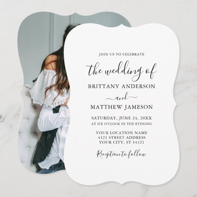 Moderne Minimalistische Kalligrafie-Foto-Hochzeit Einladung (Vorne/Hinten)