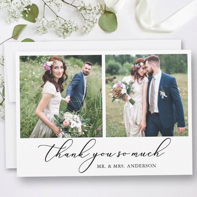 Moderne Minimalistische Kalligrafie Hochzeit 2 Fot Dankeskarte (Customize to add text or more photos to back of card.)