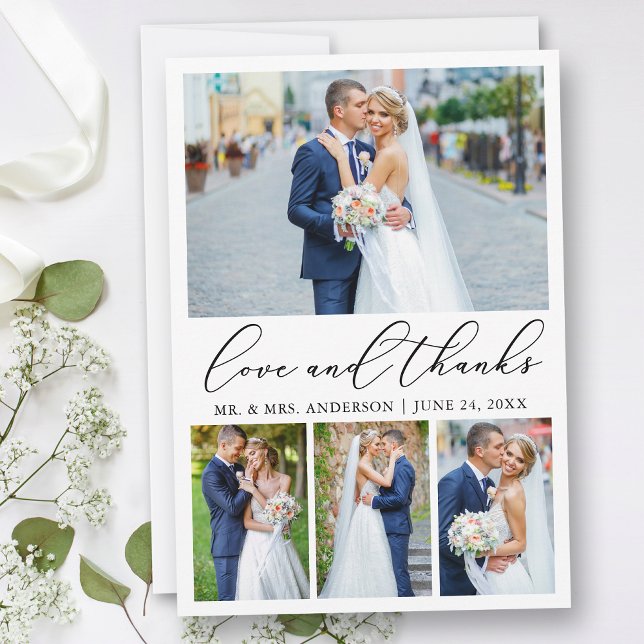 Moderne Minimalistische Kalligrafie Hochzeit 4 Fot Dankeskarte (Customize to add text or more photos to back of card.)