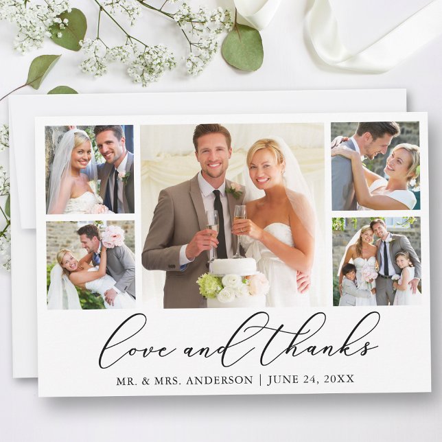 Moderne Minimalistische Kalligrafie Hochzeit 5 Fot Dankeskarte (Customize to add text or more photos to back of card.)