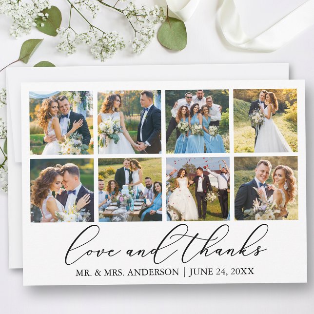 Moderne Minimalistische Kalligrafie Hochzeit 8 Fot Dankeskarte (Customize to add text or more photos to back of card.)