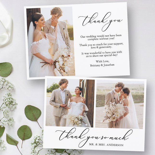 Moderne Minimalistische Kalligraphie 3 Foto Weddin Dankeskarte (Customize to change your personalized text style, size or color.)