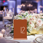 Moderne Minimalistische Kartennummer für Hochzeite Tischnummer<br><div class="desc">Moderne Minimalistische Hochzeitskartennummer Die modernen Minimalistischen Hochzeitskartennummern sind ideal für Frühjahr,  Sommer und Hochzeiten im Herbst. Die Tischnummer besticht durch klassische Typografie auf einem reichen Zimthintergrund. Das schöne Design ist modern und elegant und verleiht dem Schild ein elegantes Ambiente.</div>