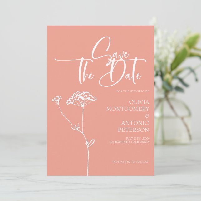 Moderne Minimalistische Korallenpfirsichhochzeit Save The Date (Stehend Vorderseite)