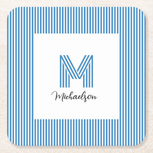 Moderne Minimalistische Küstenblaue Streifen Monog Rechteckiger Pappuntersetzer