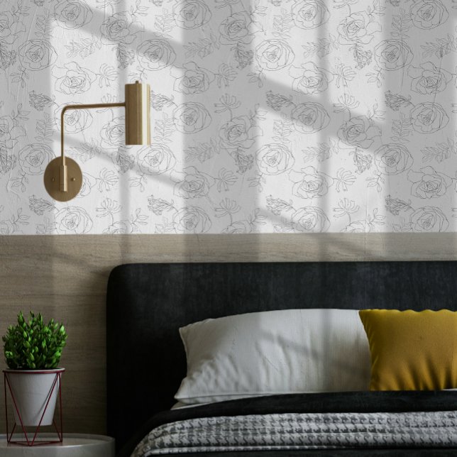 Moderne Minimalistische Linie Zeichne Blume Muster Tapete (Modern Minimalist Line Drawing Flower Pattern Wallpaper from Ricaso. Sophisticated black and white)