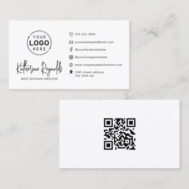 Moderne Minimalistische Logo-Skripte QR-Symbole Visitenkarte (Vorne/Hinten)