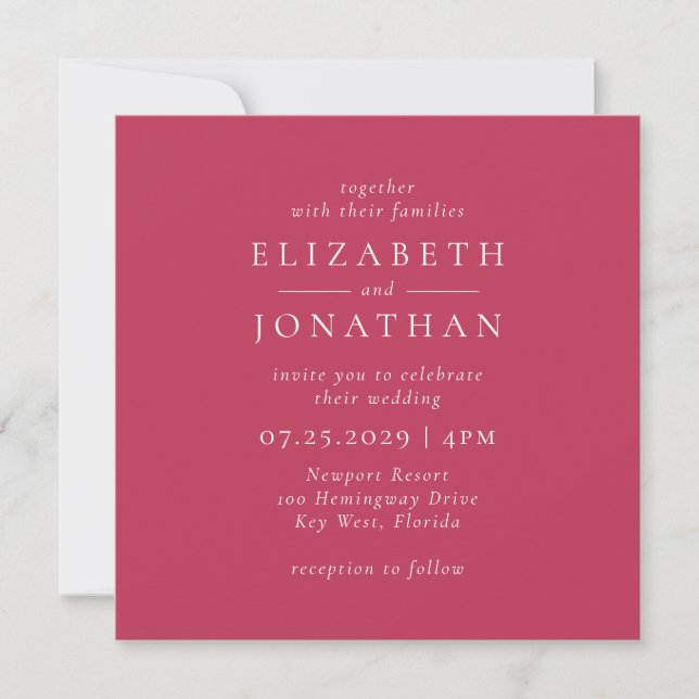 Moderne Minimalistische Magenta Red Wedding Einlad Einladung (Vorderseite)