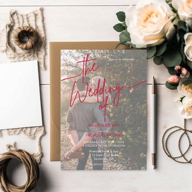 Moderne Minimalistische Magenta Rote Foto Hochzeit Einladung (Von Creator hochgeladen)