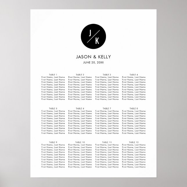 Moderne, Minimalistische Mongram Hochzeitstabelle Poster (Vorne)
