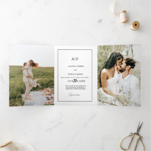 Moderne Minimalistische Monogram Black & White Wed Dreifach Gefaltete Einladung