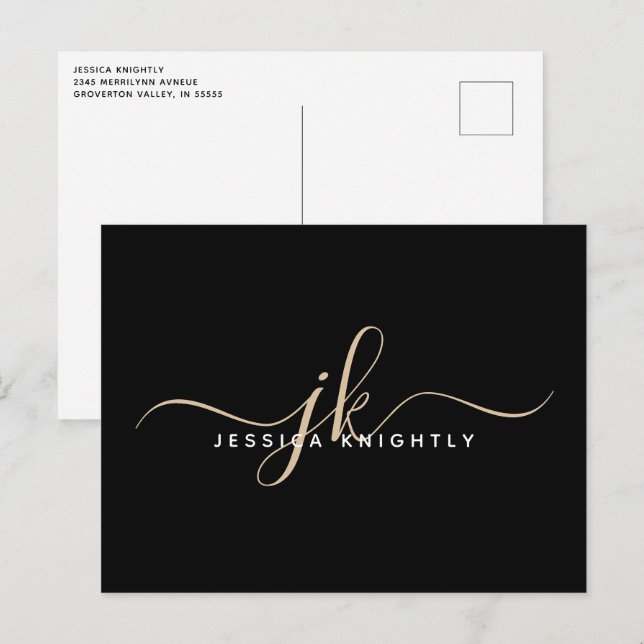 Moderne Minimalistische Monogram Script-Initialen Postkarte (Vorne/Hinten)