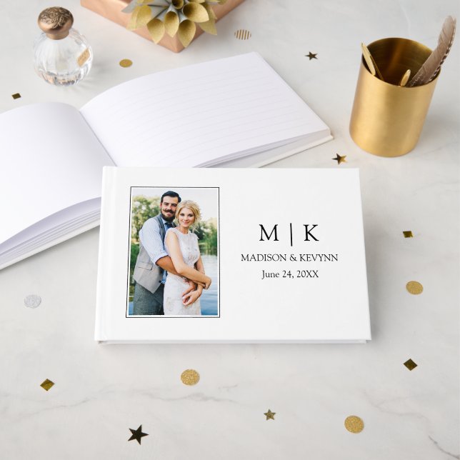 Moderne Minimalistische Monogramm-Foto-Hochzeit Gästebuch (Vorderseite Offen)